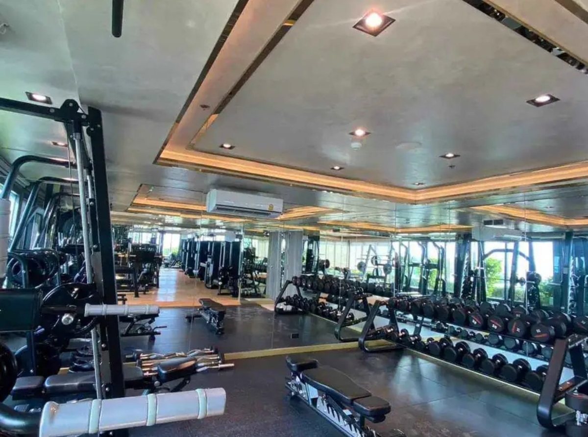Fitness club with free weights and sea views